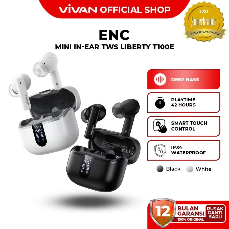 VIVAN Liberty T100E TWS Earphone Headset Headphone Bluetooth 5.3 DEEP BASS ANC ENC Garansi 1 Tahun
