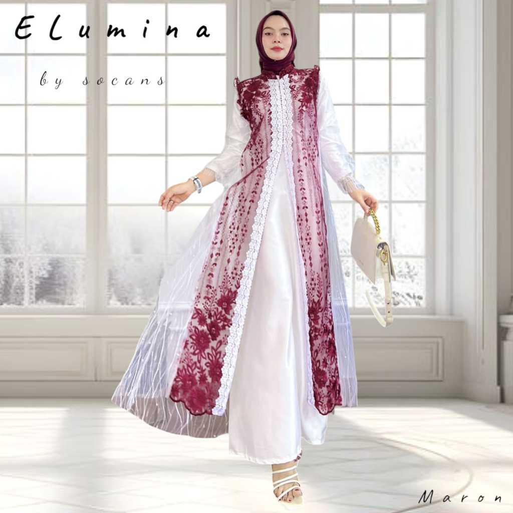 Jual ELUMINA One set gamis Outer putih panjang tile bordir renda 2in1 ...