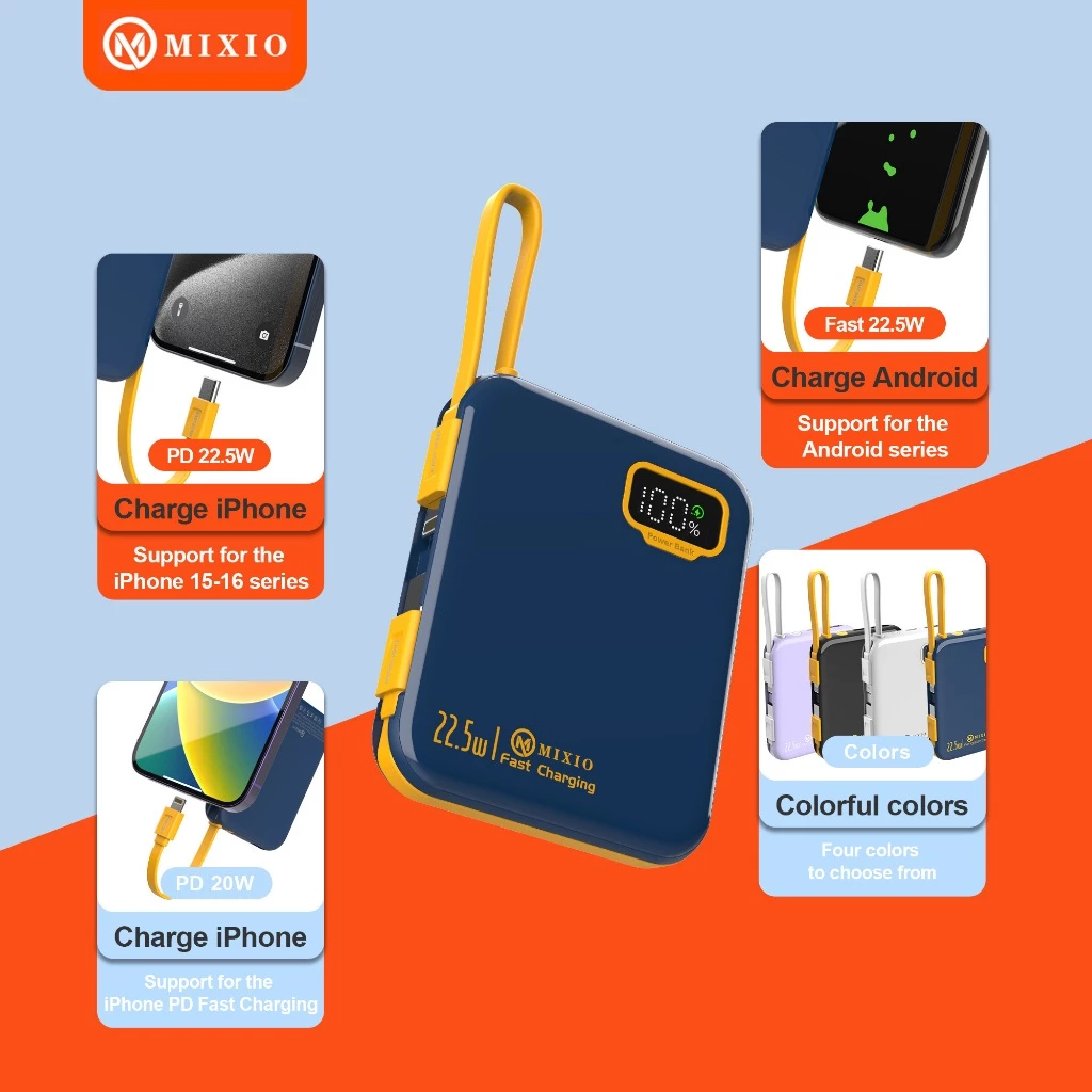 MIXIO MP-08 5000mAh Powerbank Mini 20W With Kabel Fast Charging Lightning & Type C For Iphone/Android