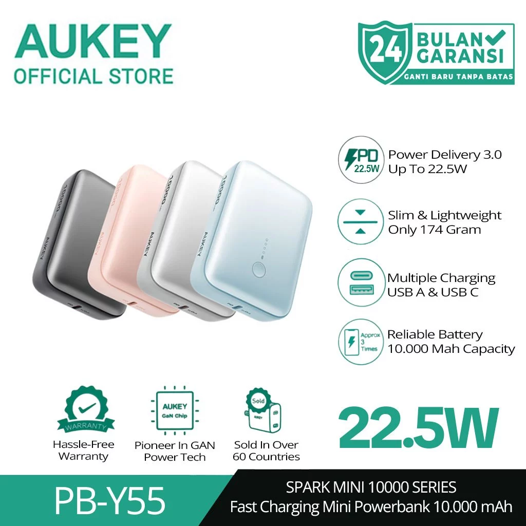 AUKEY Mini Powerbank 10000 mAh 22.5 W Fast Charging Type C & USB A PB-Y55