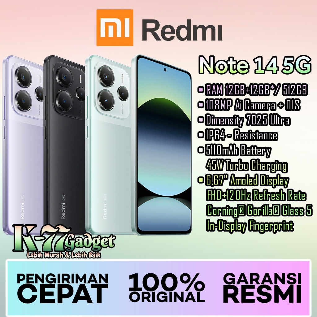 Jual Xiaomi Redmi Note 14 5G - 12/512GB| 108MP AI OIS Camera | MediaTek ...