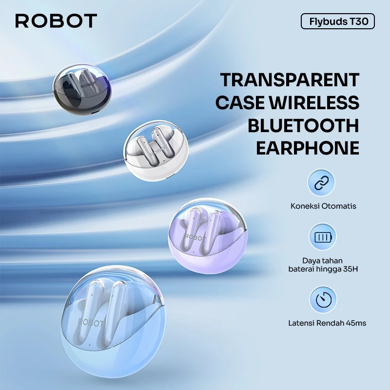 ROBOT TWS True Wireless Earphone Bluetooth 5.3 TWS Case Transparan Flybuds T30 - Garansi 1 Tahun