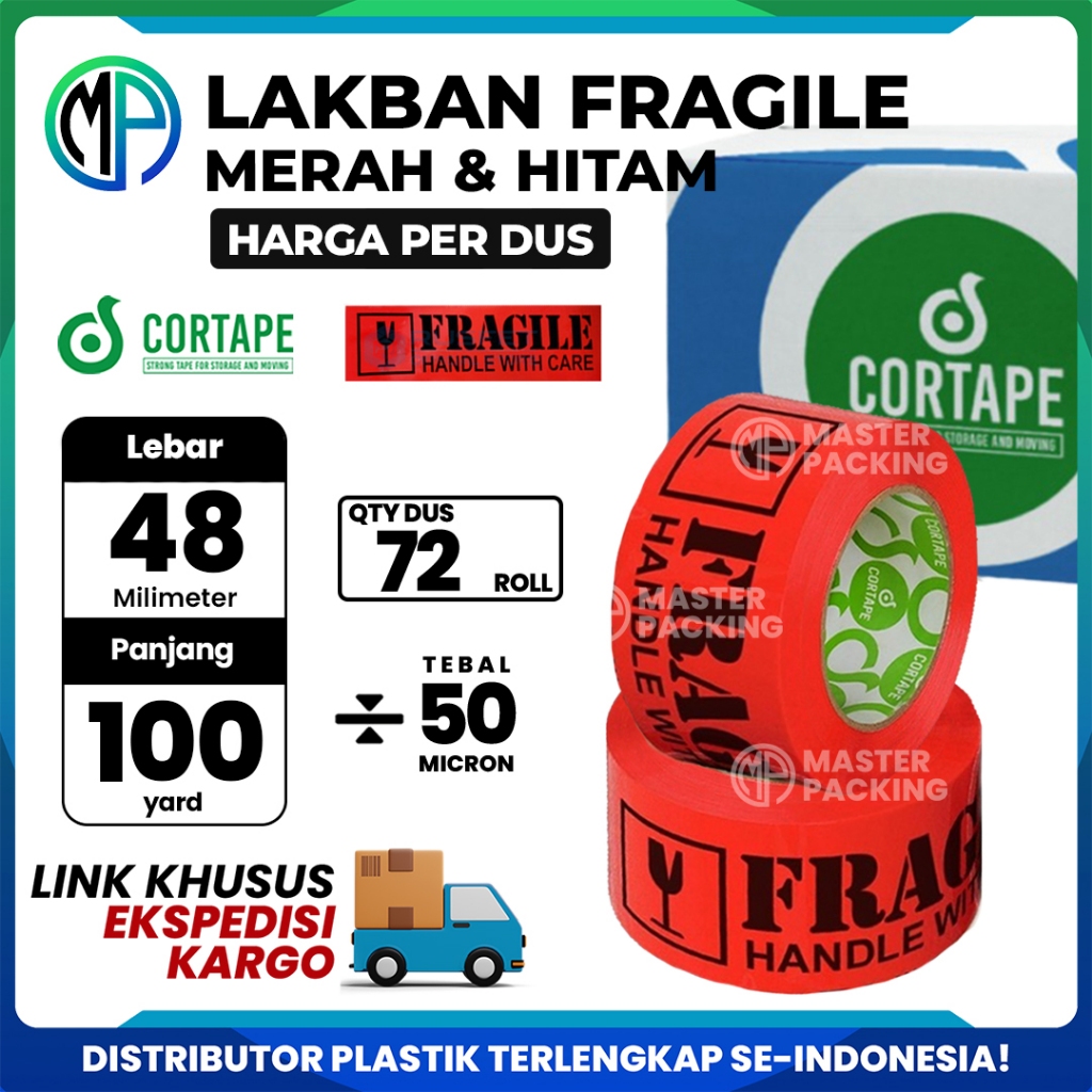 Jual Lakban Grosir Cortape Printing Fragile Hitam 2inch 45mm x 100meter ...