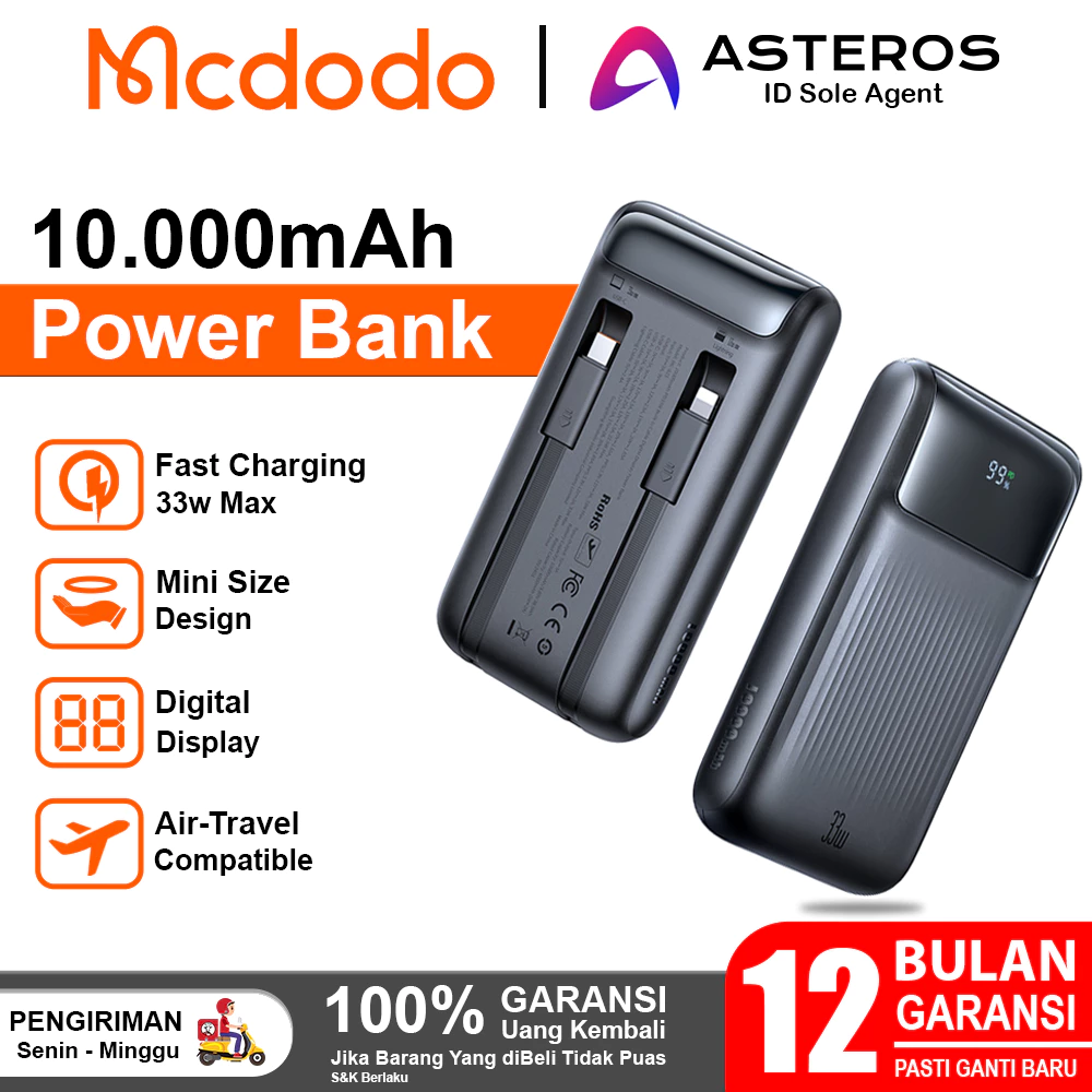MCDODO PowerBank 10.000mah Built in Cable Lightning & Type C Fast Charging 22.5w MC-0231