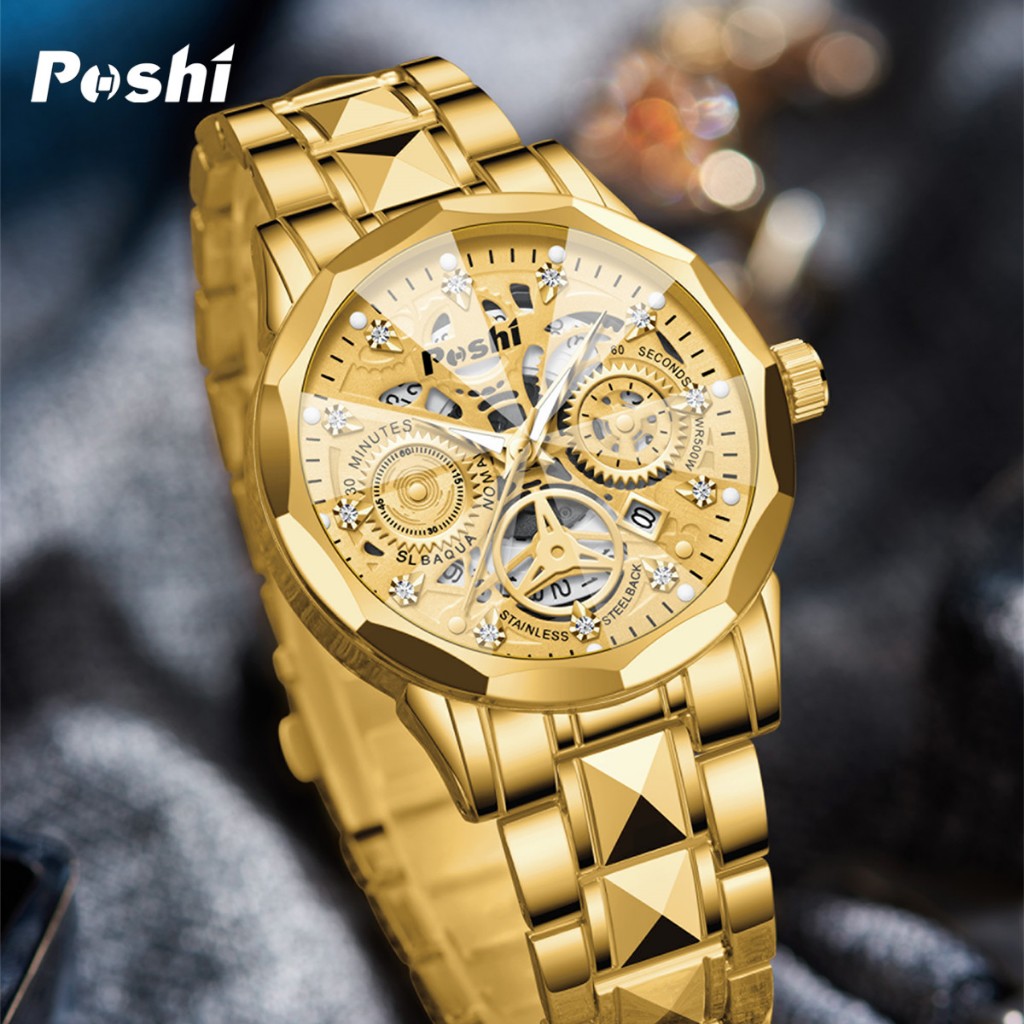 Jual Jam Tangan Pria POSHI Skeleton Dial Tahan Air Fungsi Kalender ...