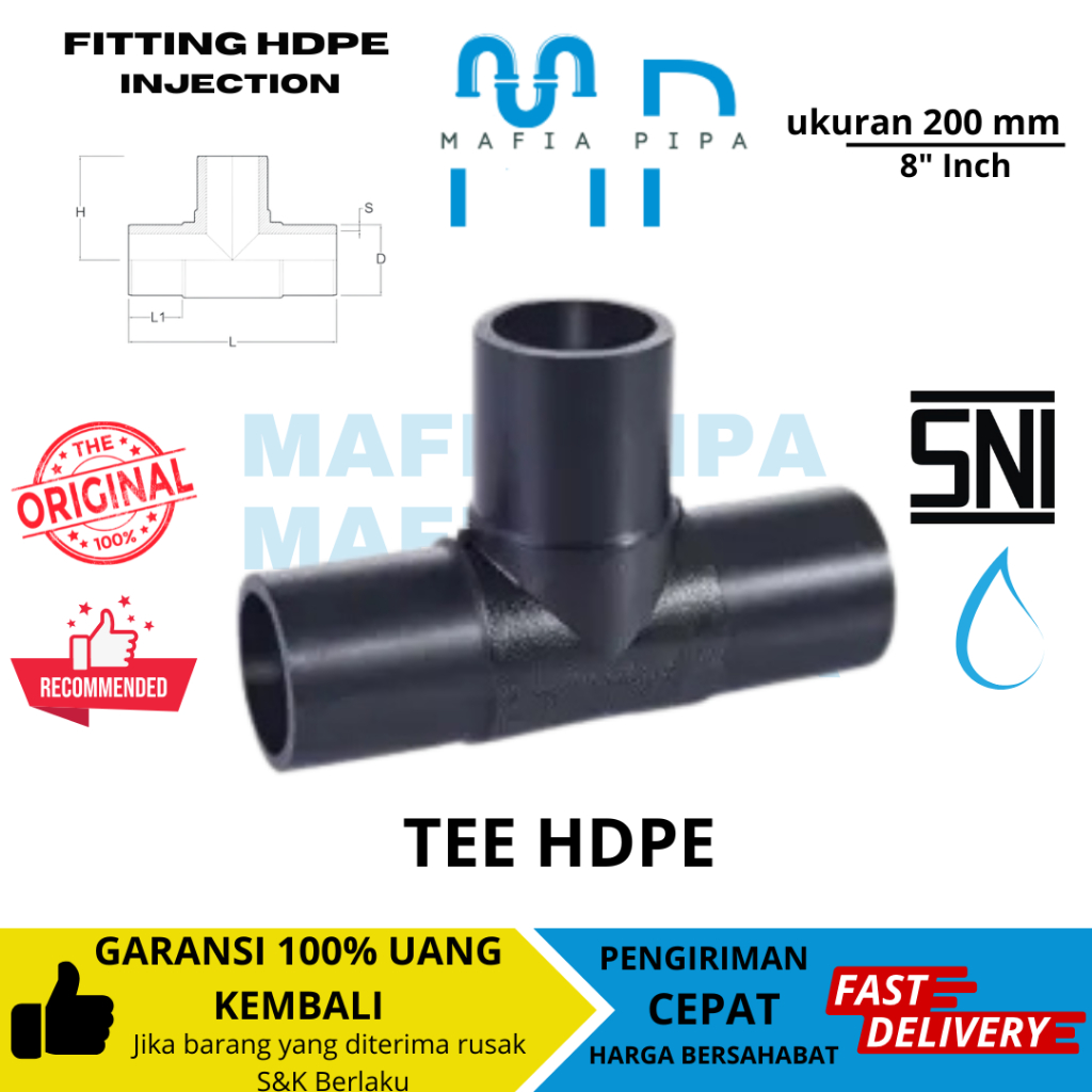 Jual Fitting Pipa HDPE Injection Tee 200 mm atau 8