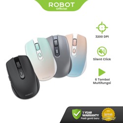 ROBOT Mouse Wireless Silent Click 2.4GHz 3200DPI Optical dengan USB Receiver untuk Laptop & PC - Desain Ergonomis, Hemat Daya hingga 12 Bulan, Plug & Play - Garansi 1 Tahun Original M370
