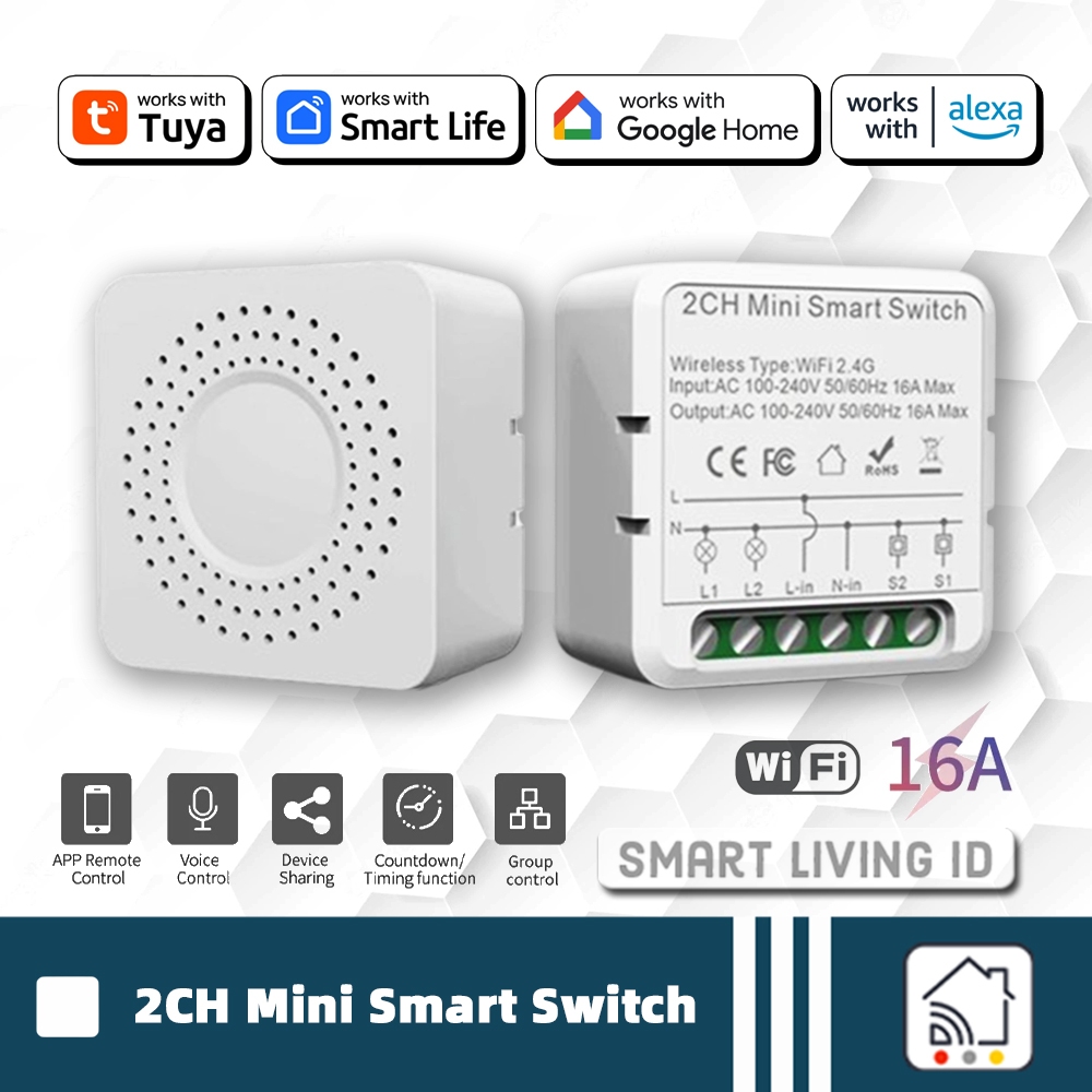 Jual Tuya Mini Smart Switch Module WiFi 2 CH 2 Way Smart Life Voice ...
