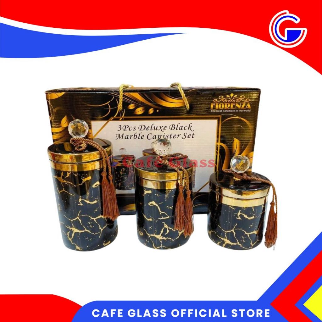 Toples Keramik Marble Set 3Pcs / Tempat Kue / Candy Jar Lebaran / Fiorenza Black Deluxe