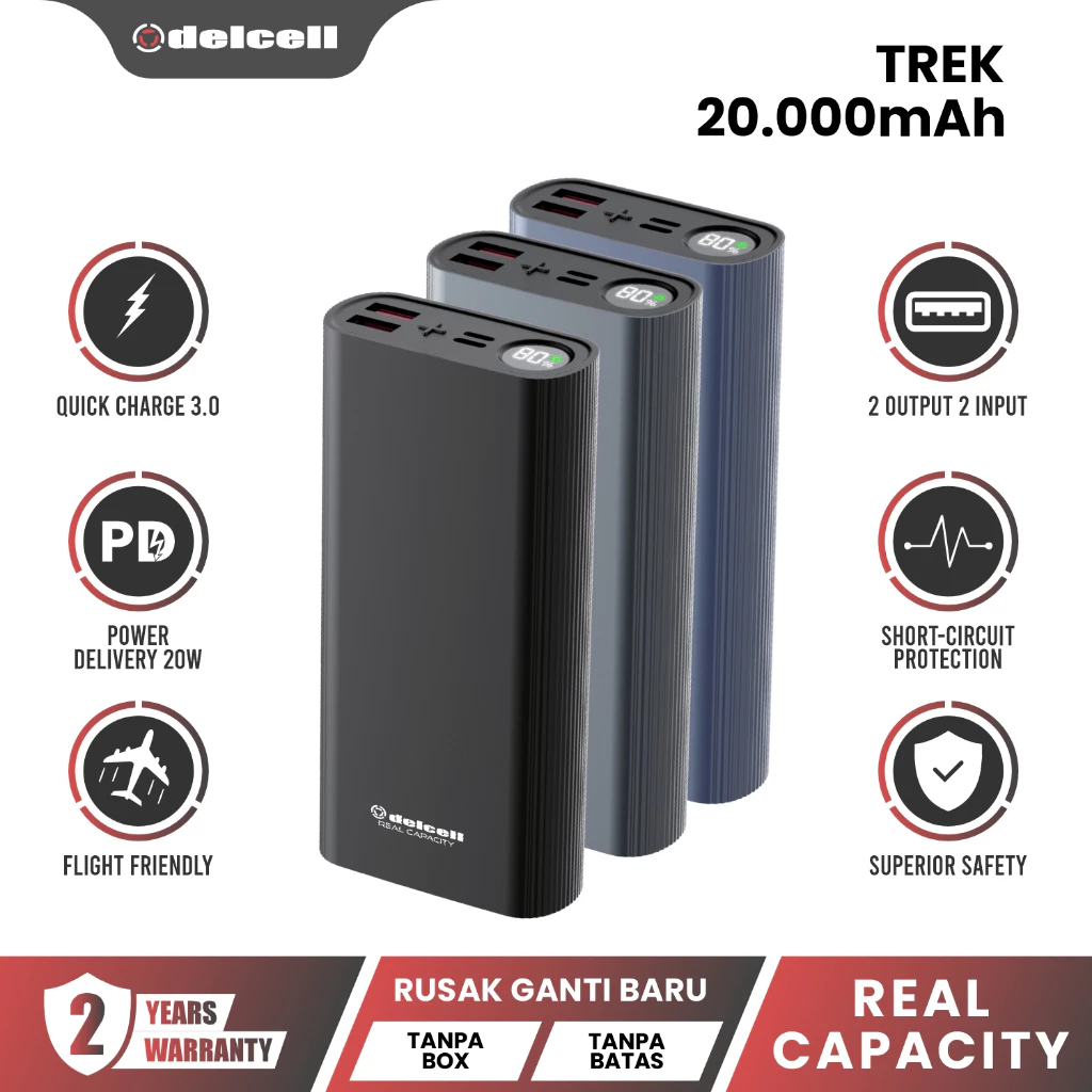 Delcell Trek Powerbank 20000mAh Fast Charging 22.5W LED Display PD +QC Fast Charging Original Free Gift