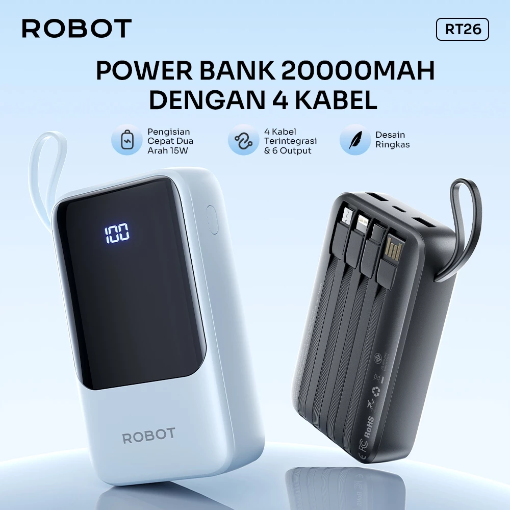 ROBOT Powerbank Fast Charging 20000mAh PD 15W With Port and Cable Micro Type-C Lightning Power bank Built-in 4 Kabel