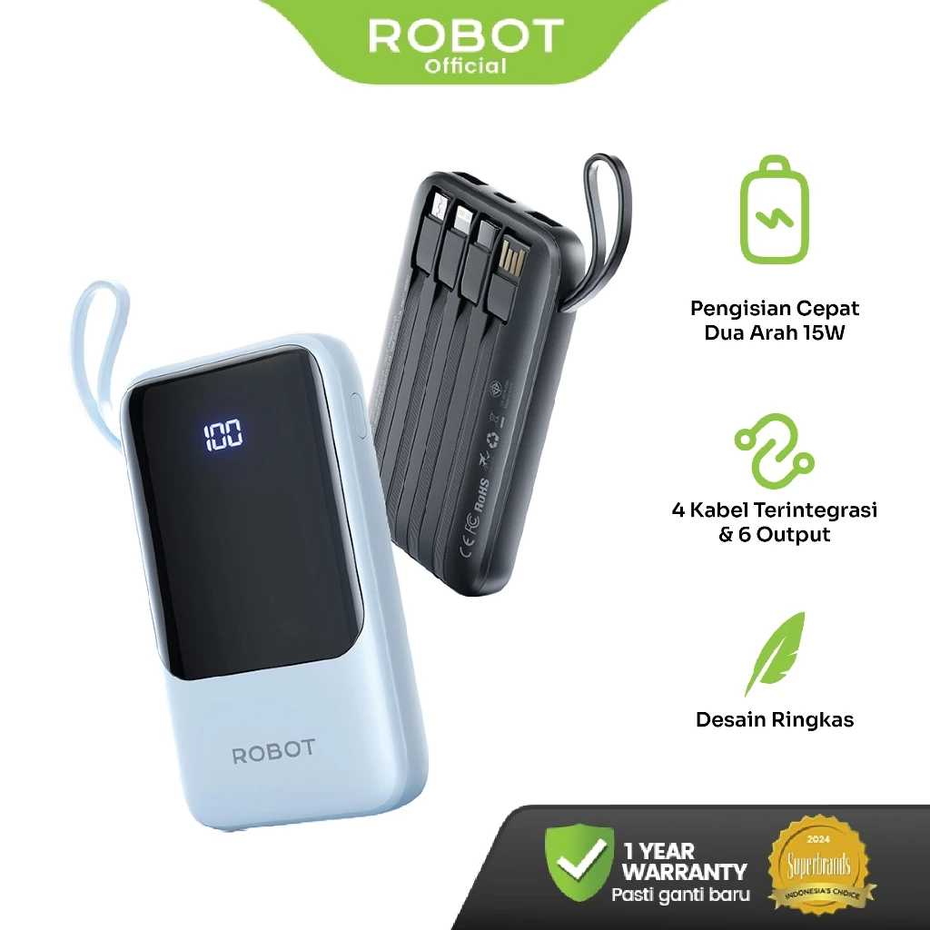 ROBOT Powerbank Fast Charging 10000mAh PD 15W With Port and Cable Micro Type-C Lightning Power bank Built-in 4 Kabel