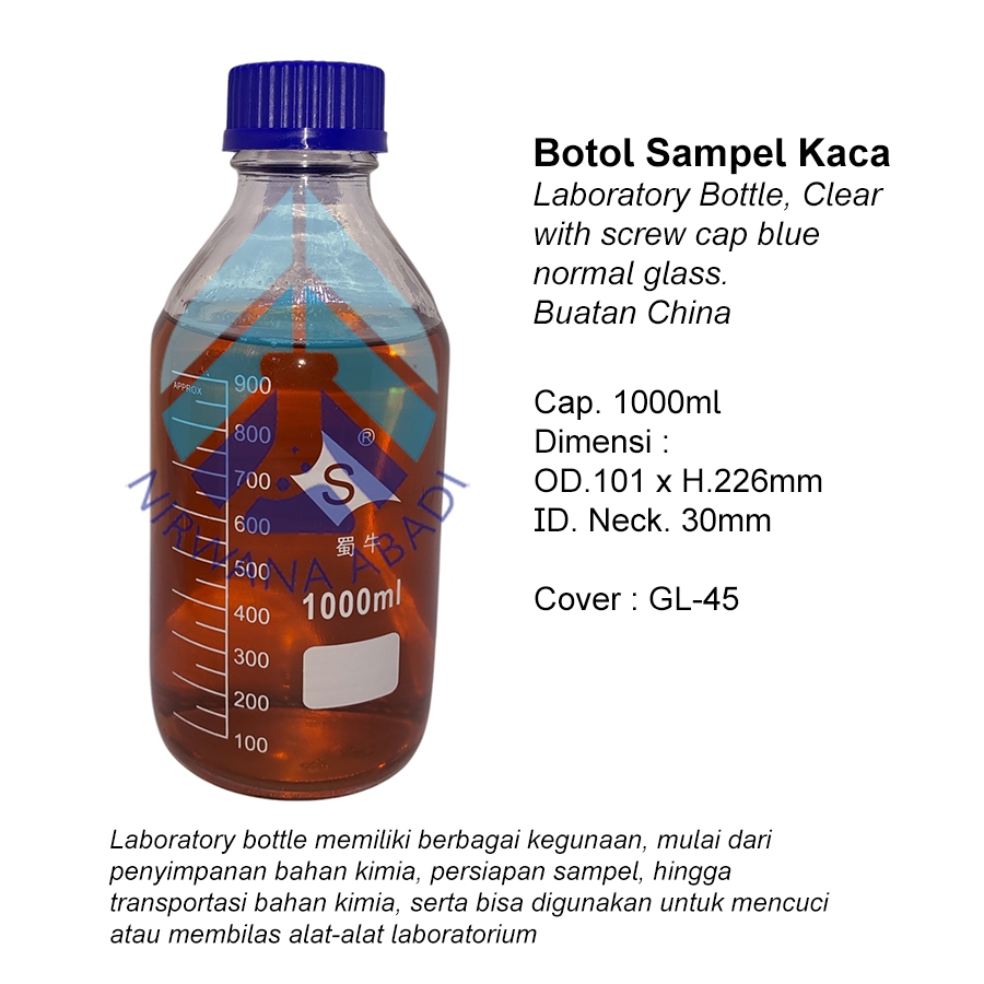 Jual Botol Sampel 1000ml Bening RRC, Lab Bottle Clear, Laboratory ...