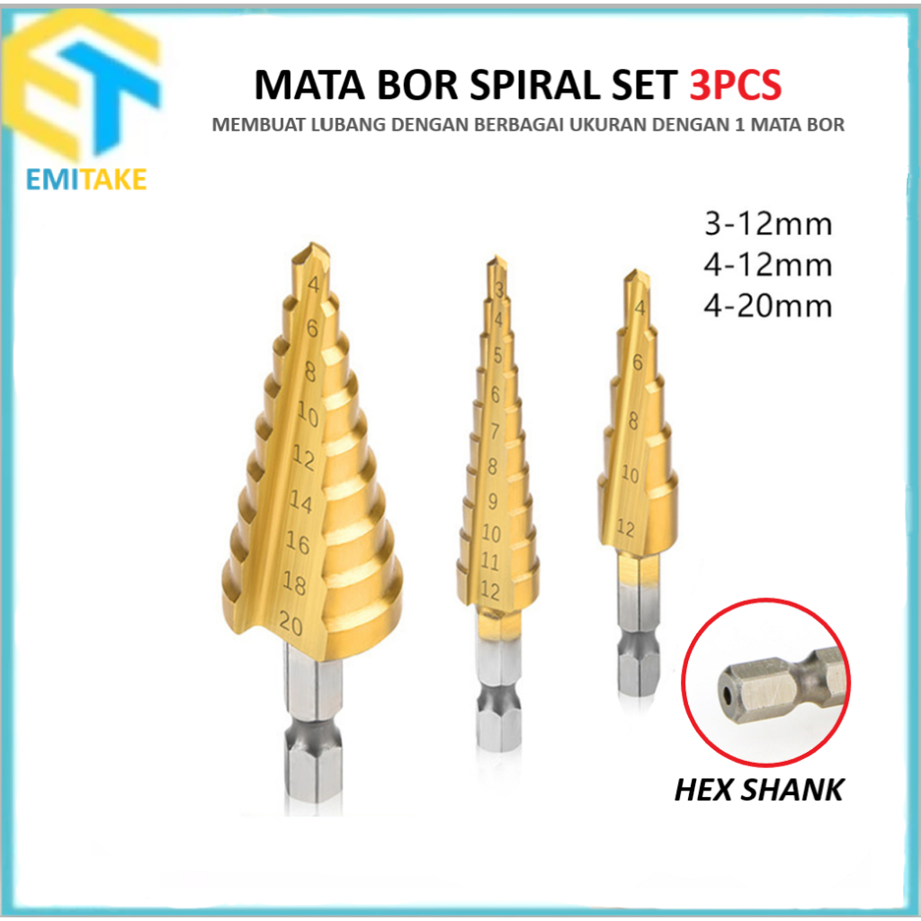 Jual Mata Bor Spiral Pagoda Set 3PCS 3-20 mm Step Drill Bit Mata Bor ...