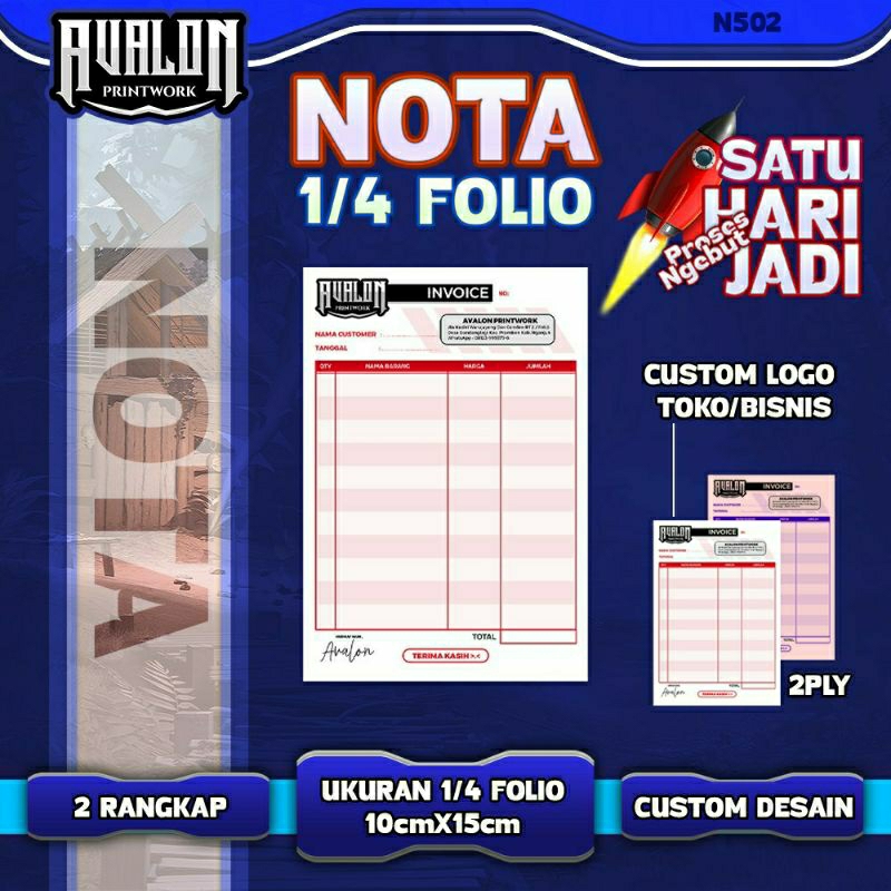 Jual Nota Custom ukuran 1/4 folio - 2 rangkap 2PLY - 50/100 lembar ...