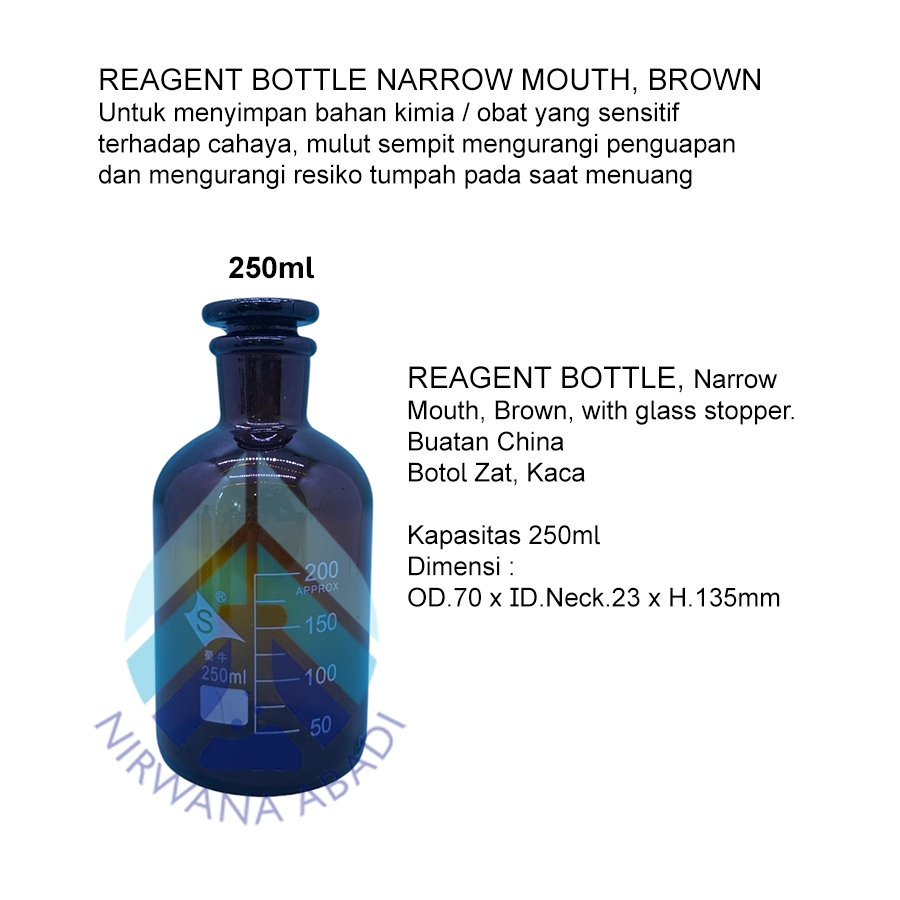Jual Botol Reagen 250ml Coklat Mulut Sempit RRT, Reagent Bottle Amber ...