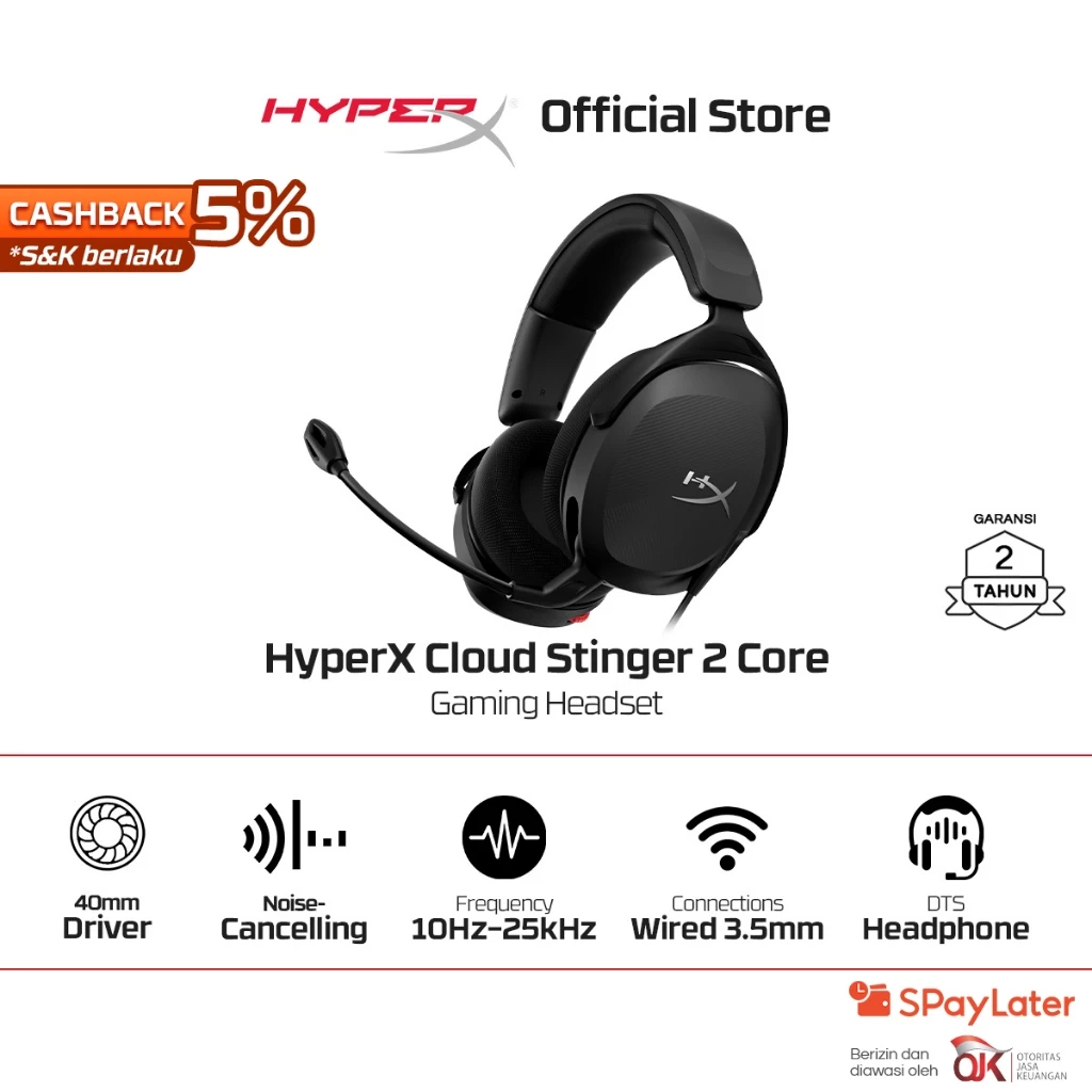 HyperX Headset Gaming Cloud Stinger 2 Core Wired - Black Noise Cancelling Spatial Audio Fabric Stereo Bass Android iOS Led RGB