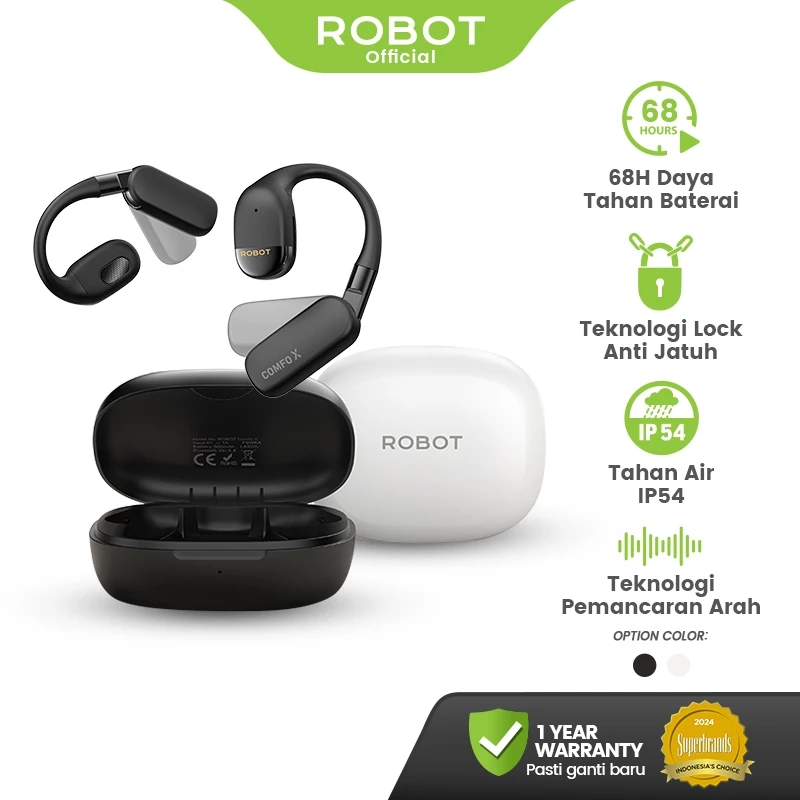 ROBOT Open Ear TWS Comfo X Headphones Adjustable/Foldable/Locking Ear Hooks Rich Bass Hi-Res Wireless Audios 65H Plays