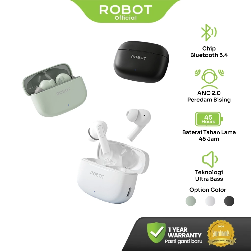 ROBOT New Earphone Bluetooth ANC 2.0 with Bluetooth 5.4 True Wireless Stereo Ultra Bass Algoritma AI 4-Mikrofon Quite E1 Original