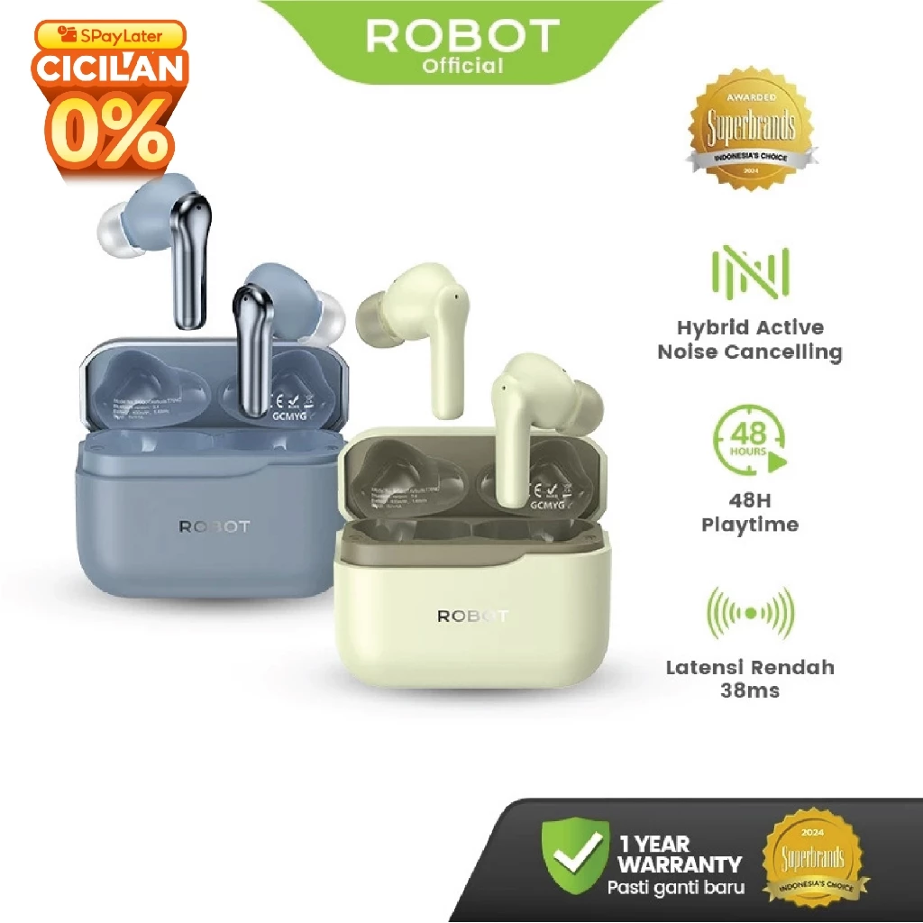 ROBOT TWS Earbuds Wireless ANC ENC Canceling Noise Control T70NC Bluetooth 5.4 Original - Garansi Resmi 1 Tahun