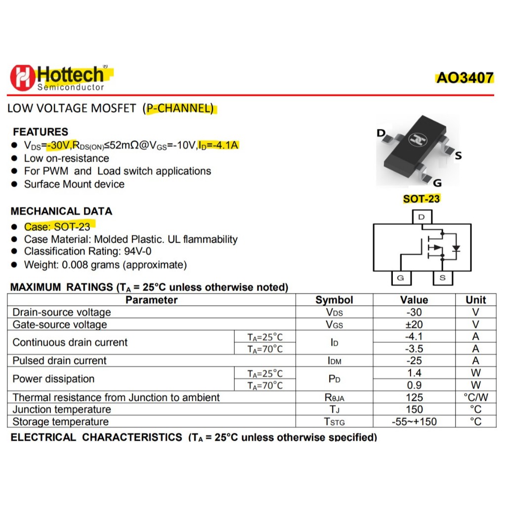 Jual AO3407 30V 4.1A P-channel MOSFET A79T SOT-23 Hottech ORIGINAL ...