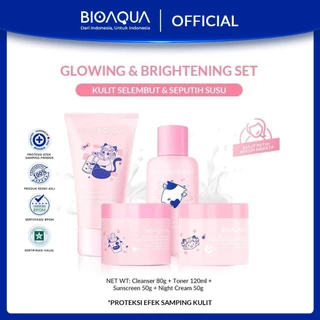 BIOAQUA Skincare Set Anak Paket 4pcs（Cleanser 80g + Toner 120ml+ Sunscreen 50g + Night  Cream 50gMilk Niacinamide Glowing & Brightening / Tea Tree Oligopeptide Acne Barrier Care / Tri-C Arbutin Brighten