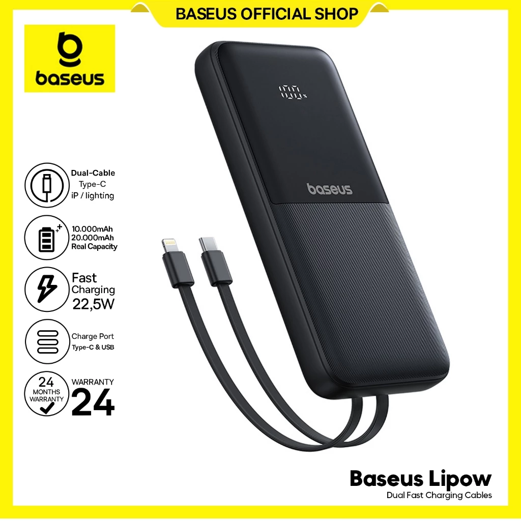 Baseus Power Bank Lipow 10000mAh & 20000mAh 22.5W Dual-Cable Type-C Lighting Digital Display