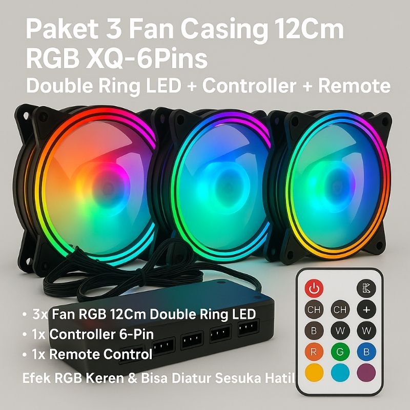 Jual Paket 3 Fan Casing 12Cm RGB XQ-6Pins Double Ring Led + Controller ...