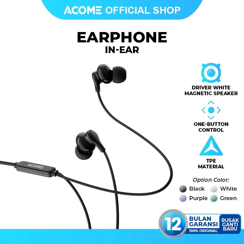 Acome Wired Earphone Headset Driver White Magnetic Speaker Garansi Resmi 1 thn AW07