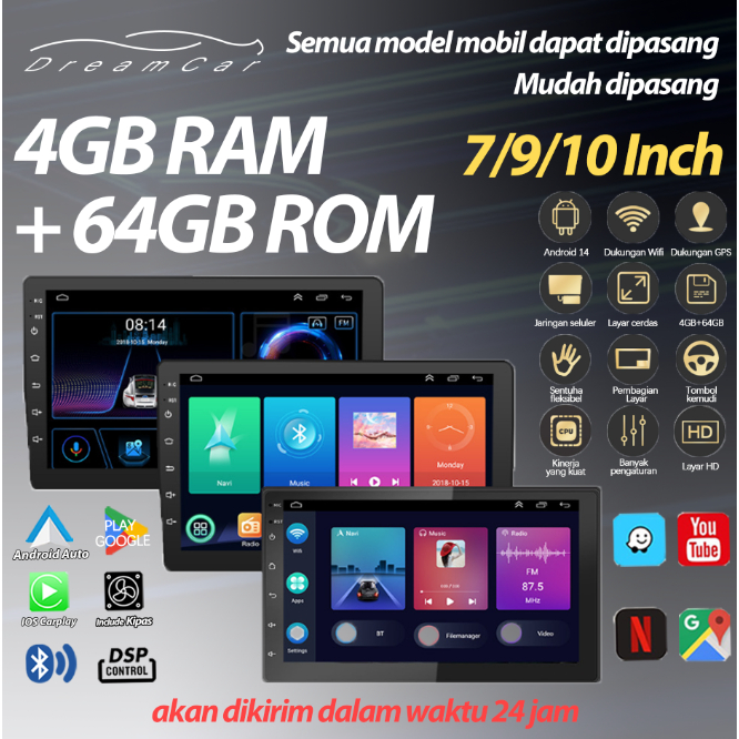 Head Unit 7/9/10 Inci 8+64GB Android14 Dukungan Carplay Android Auto WiFi GPS Berlaku untukr Semua mobil Navigasi Mobil IPS Screen HD 1080p Kamera belakang