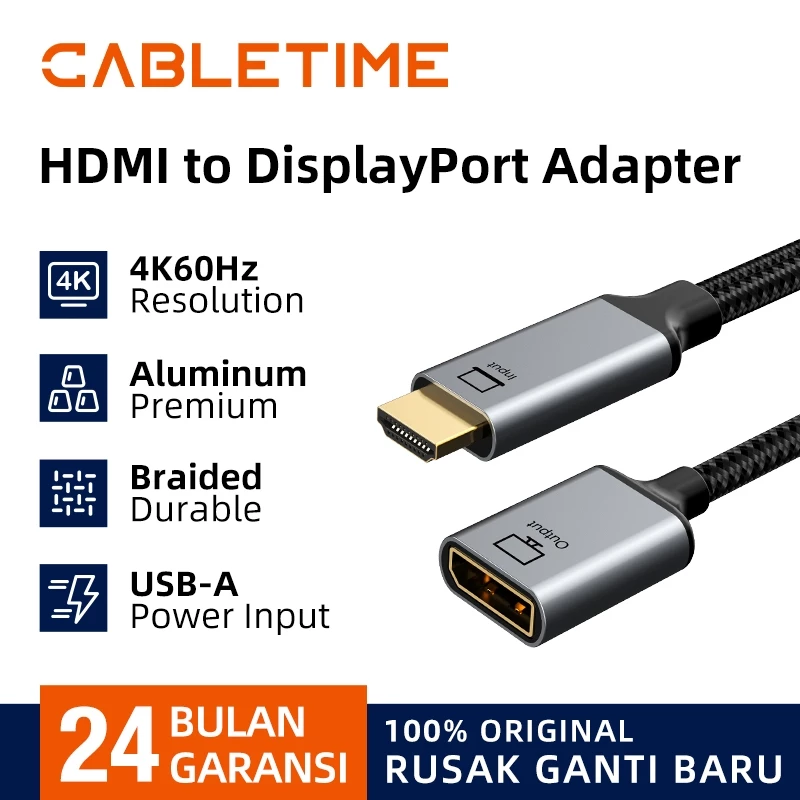 CABLETIME Converter HDMI Male to Displayport Female 4K60Hz with USB Power Delivery