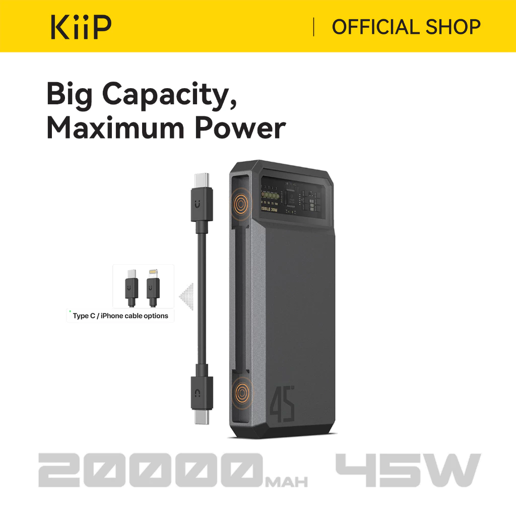 KiiP E59 Power Bank Magnetic Cable 45W Fast Charging TC PD Lightning 20000MAH