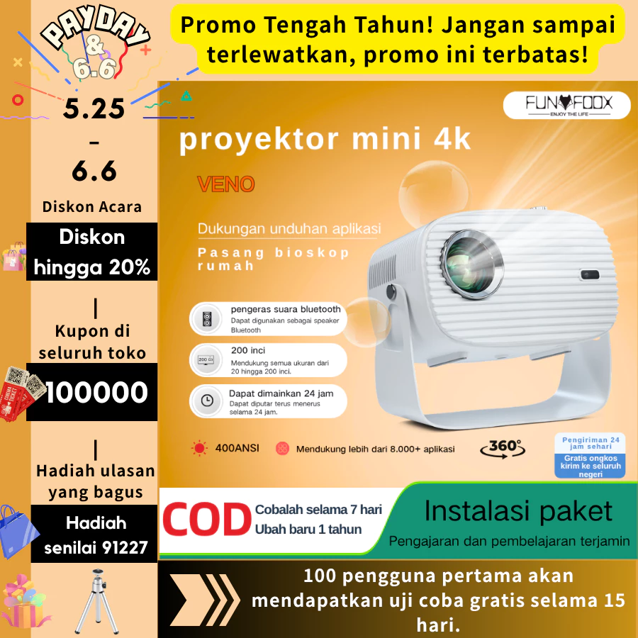 Funfoox veno proyektor mini android 4k full hd infocus android terbaik untuk
