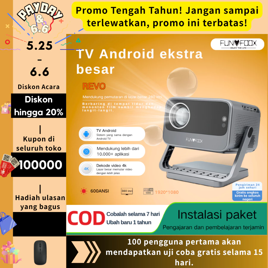 Funfoox revo proyektor rumah , 4k full hd 1080p asli, fokus otomatis