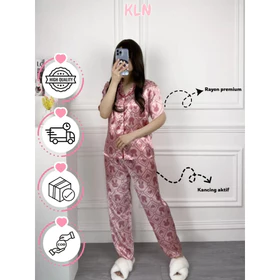 Piyama Wanita Satin Lengan Pendek Celana Panjang Piyama Korean Style Bahan Premium