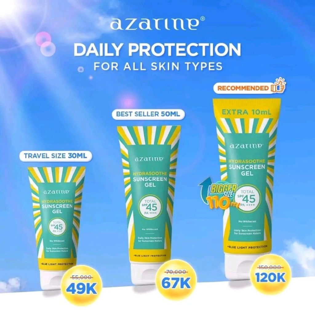 Jual Azarine Hydrasoothe Sunscreen Gel SPF 45 PA++++ 30/50/110ml ...