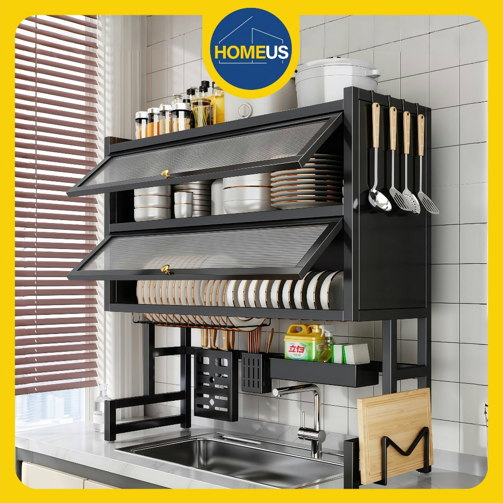 Homeus Rak Dapur Multi-fungsi Rak Piring Wastafel Dapur Pintu kabinet lapis ganda Multi-fungsi Dengan Penutup