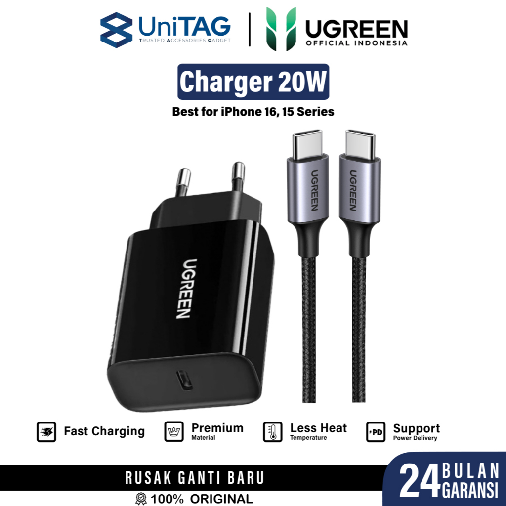 Kepala Charger iPhone 16 15 14 13 12 11 Pro Max Plus UGREEN 20W Adaptor  Type C Fast Charging