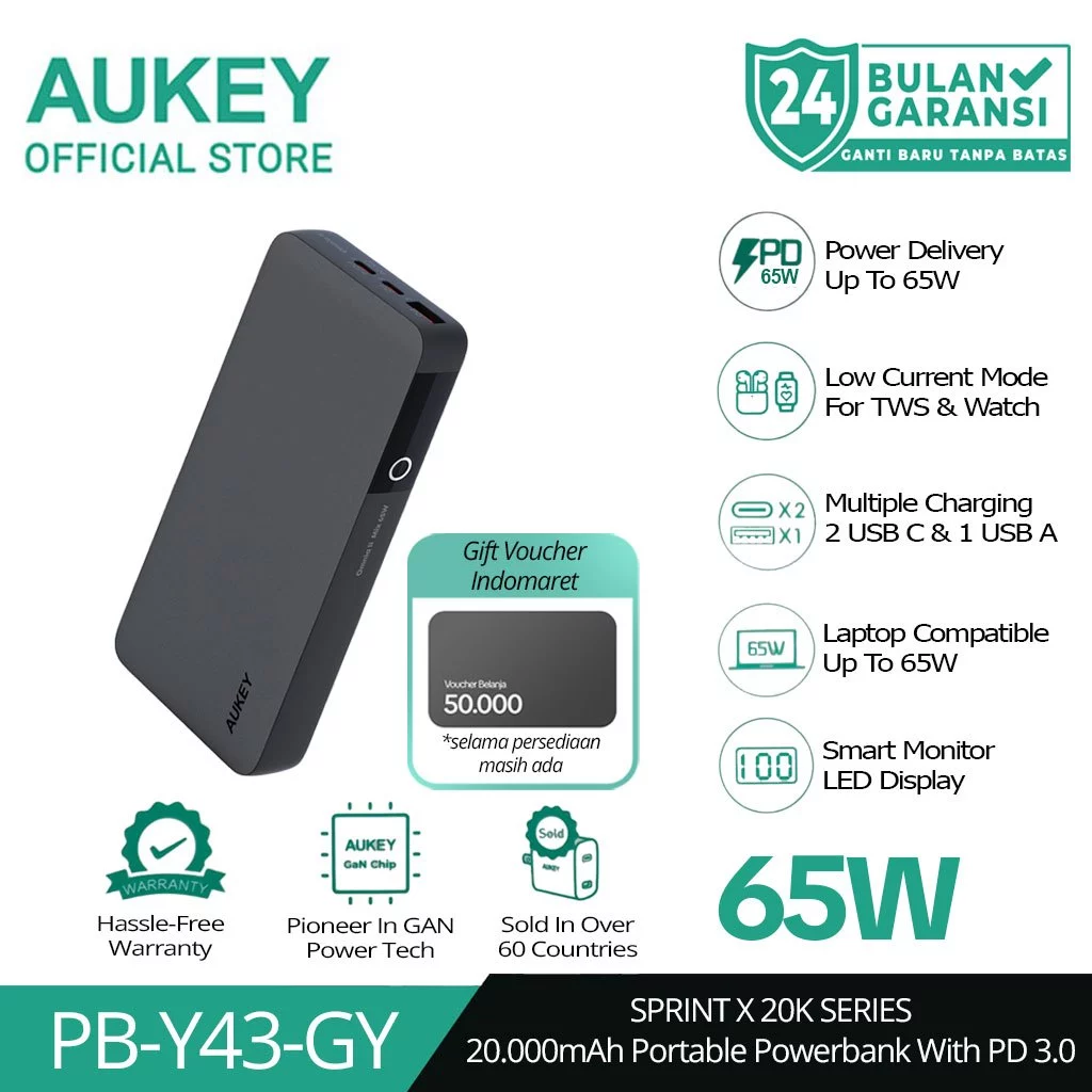 AUKEY Powerbank 20000mah PB-Y43-GY USB C 65W PD 3.0 Slim