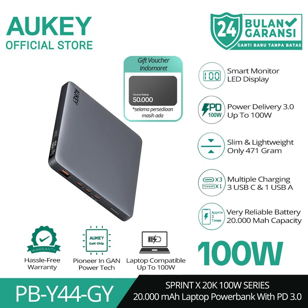 AUKEY Powerbank 20000mah PB-Y44 Grey USB C 100W PD 3.0 PPS