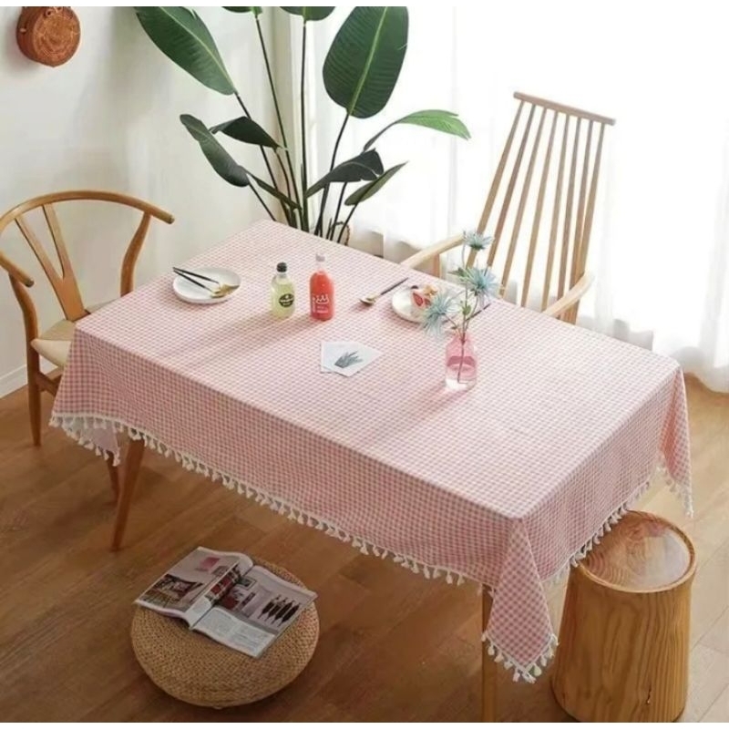 Jual taplak meja makan rumbai motif kotak kotak kecil ukuran 200 sampai ...