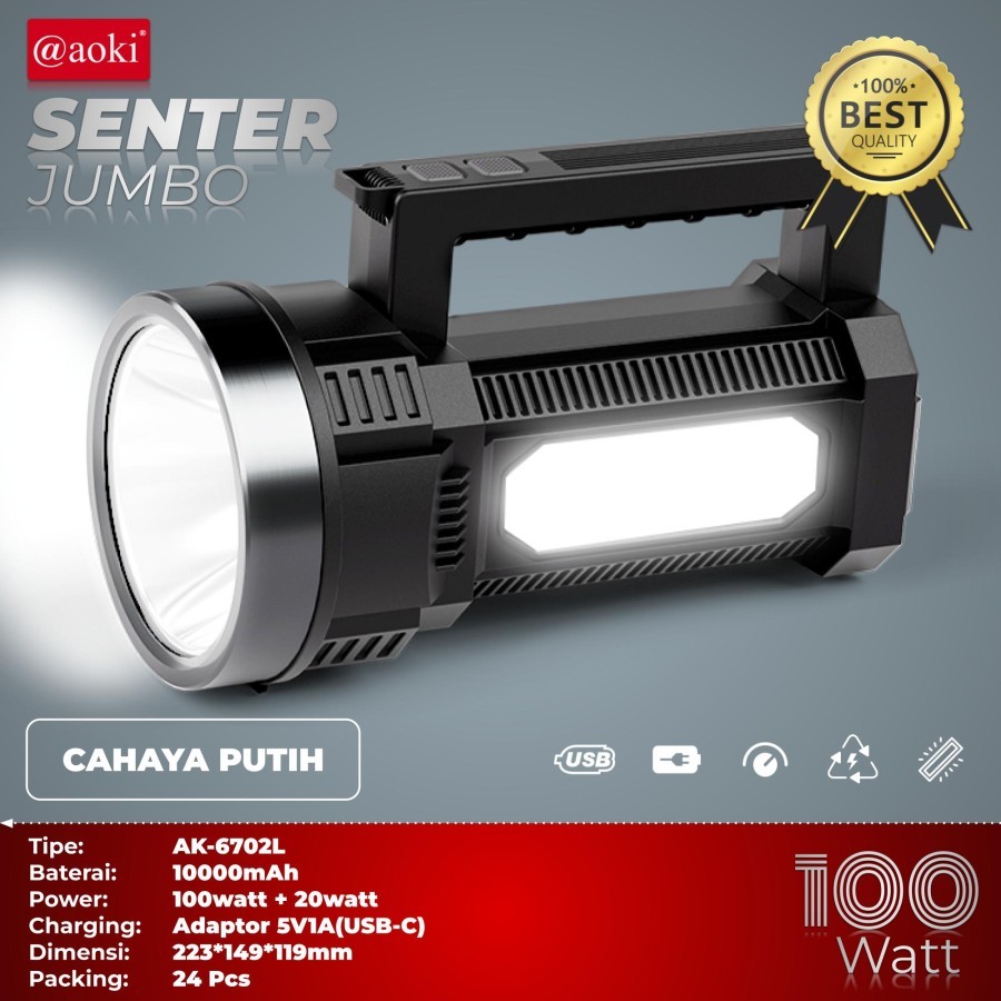 Jual Aoki Senter Tangan LED Jumbo AK-6702L 100W + 20SMD Cahaya Putih ...
