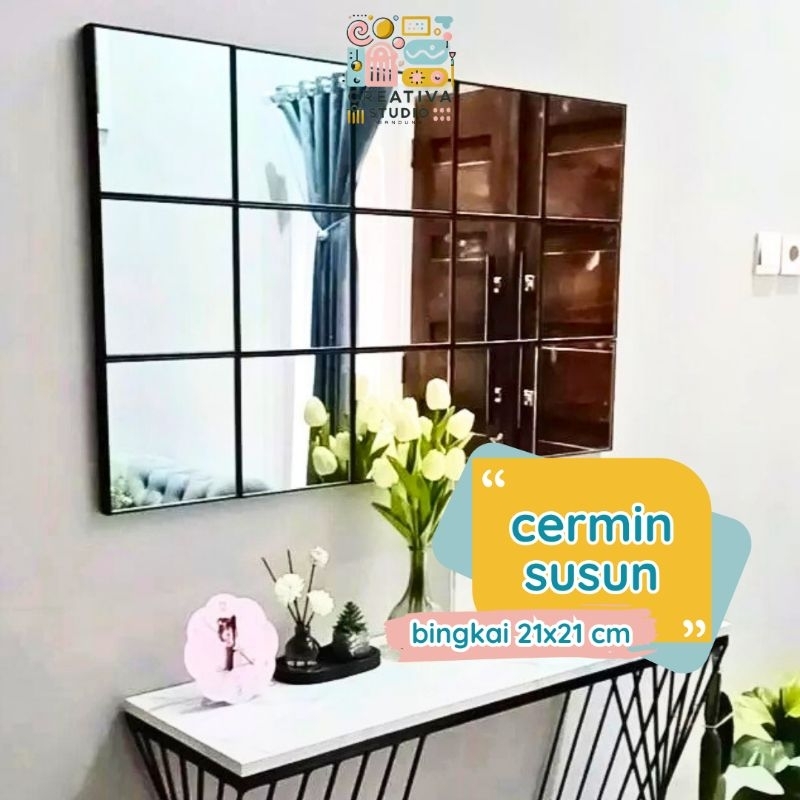 Creativa PAKET Kaca Cermin Tempel Kotak Persegi Dekorasi Dinding Ukuran 20x20cm