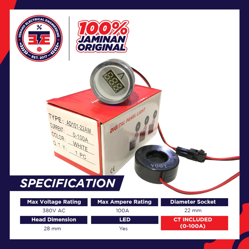 Jual Amper Meter LED 22mm Pilot Lamp LED With Ampere Indicator 0-100A ...