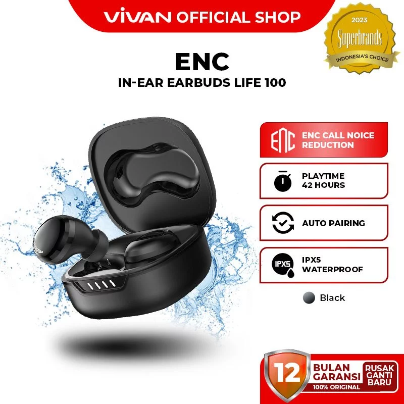 VIVAN TWS LIFE 100 Upgraded Bluetooth 5.3 ENC Earbuds Earphone True Wireless Stereo - Garansi 1 Tahun