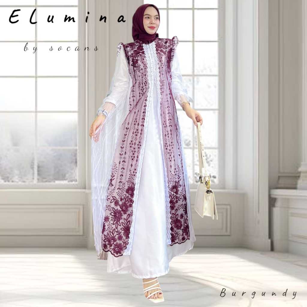 Jual ELUMINA One set gamis Outer putih panjang tile bordir renda 2in1 ...