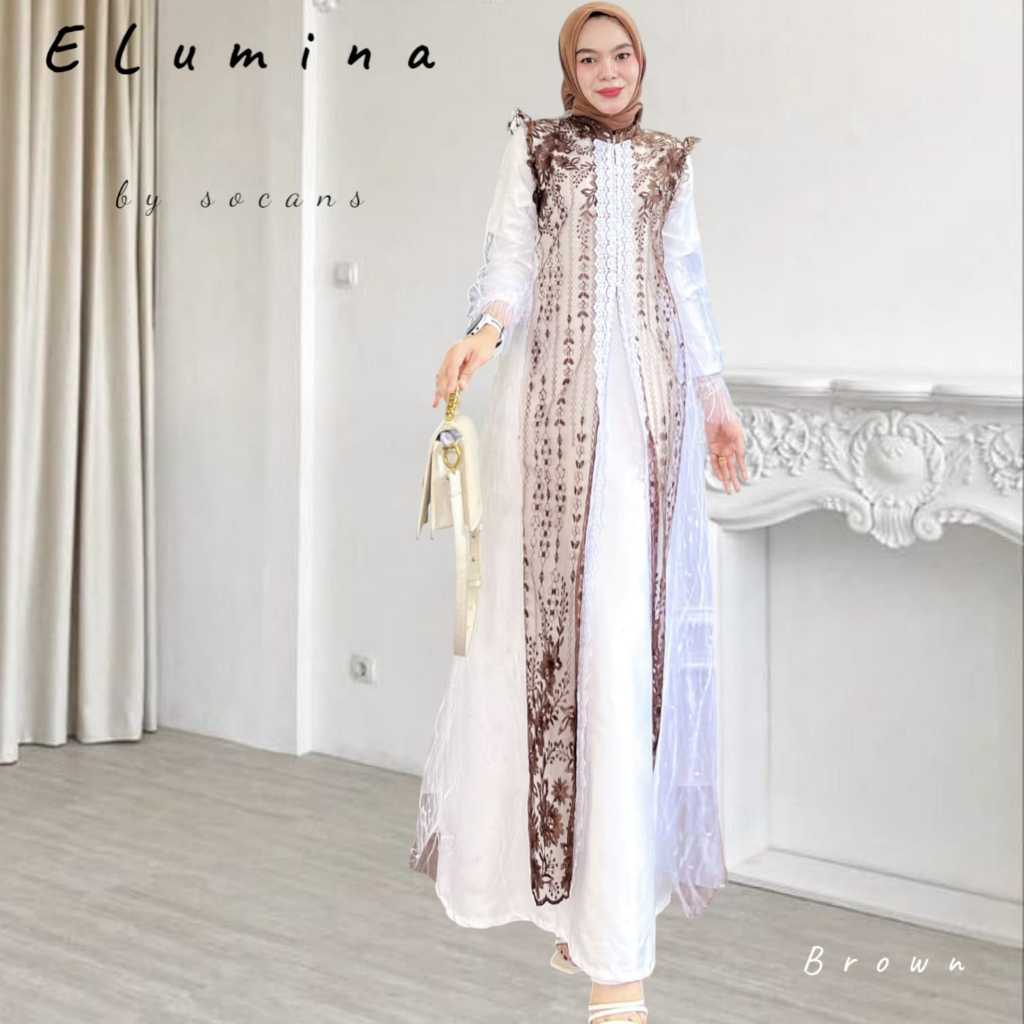 Jual ELUMINA One set gamis Outer putih panjang tile bordir renda 2in1 ...