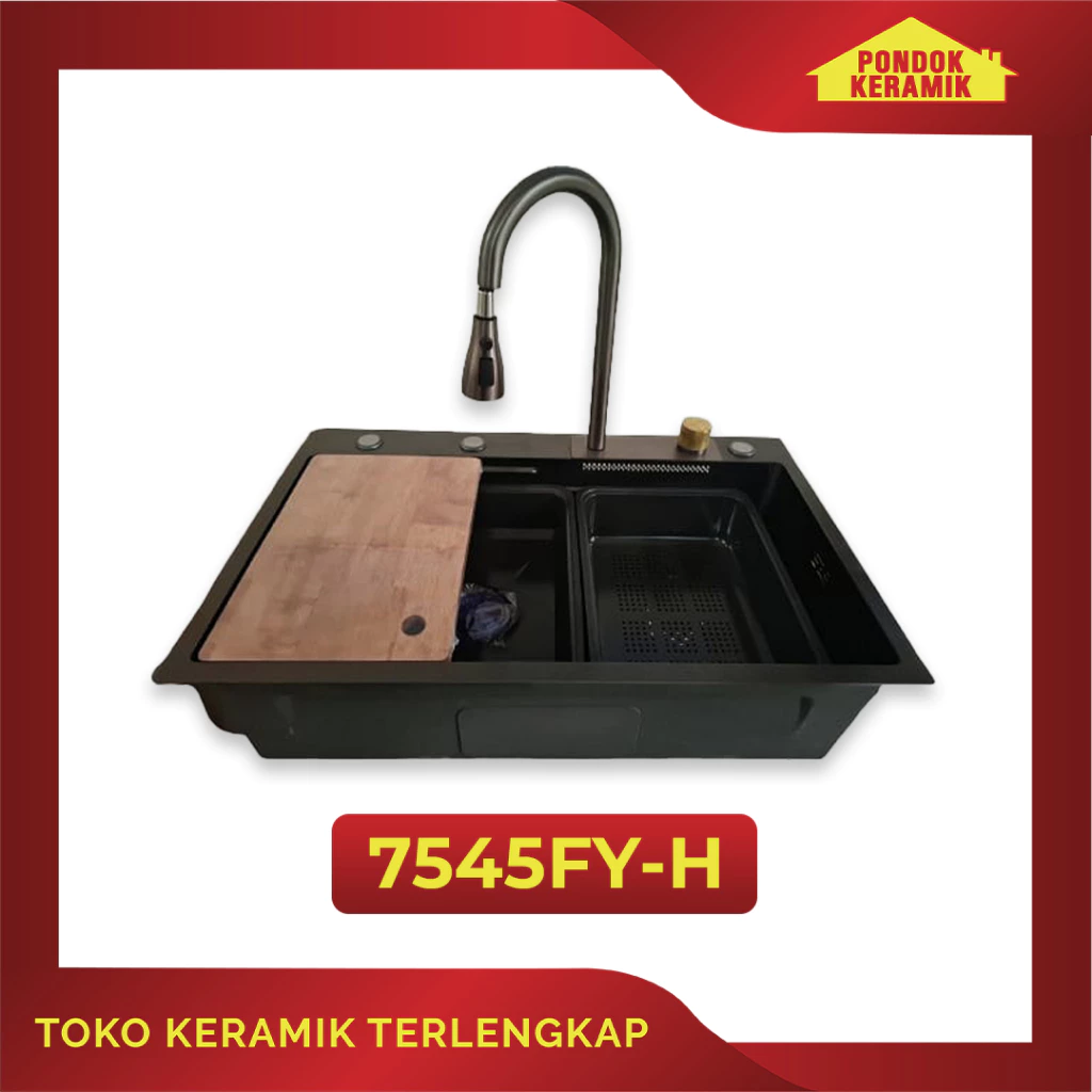 Kitchen Sink Bak Cuci Piring Modern Sanmu Stainless Hitam Silver 7545FY