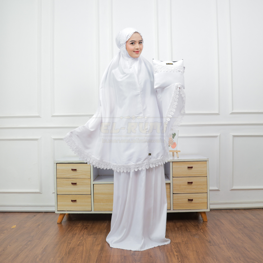ELRUMI - Mukena Dewasa Renda Putih Katun Mukenah Lebaran 2in1