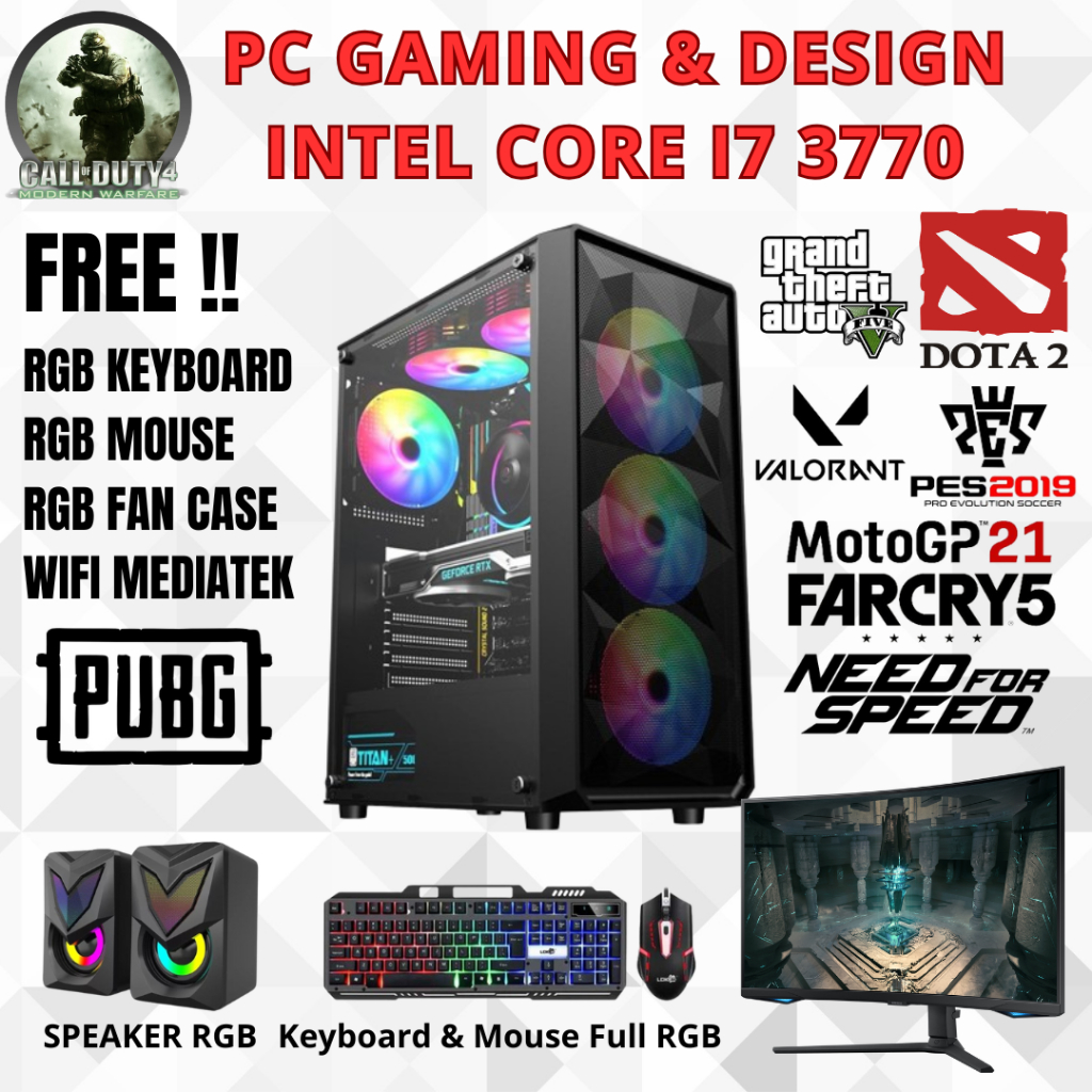 PC Gaming Editing Intel Core I7 RAM 16GB SSD HDD 500GB FULLSET Komplit Siap Pakai